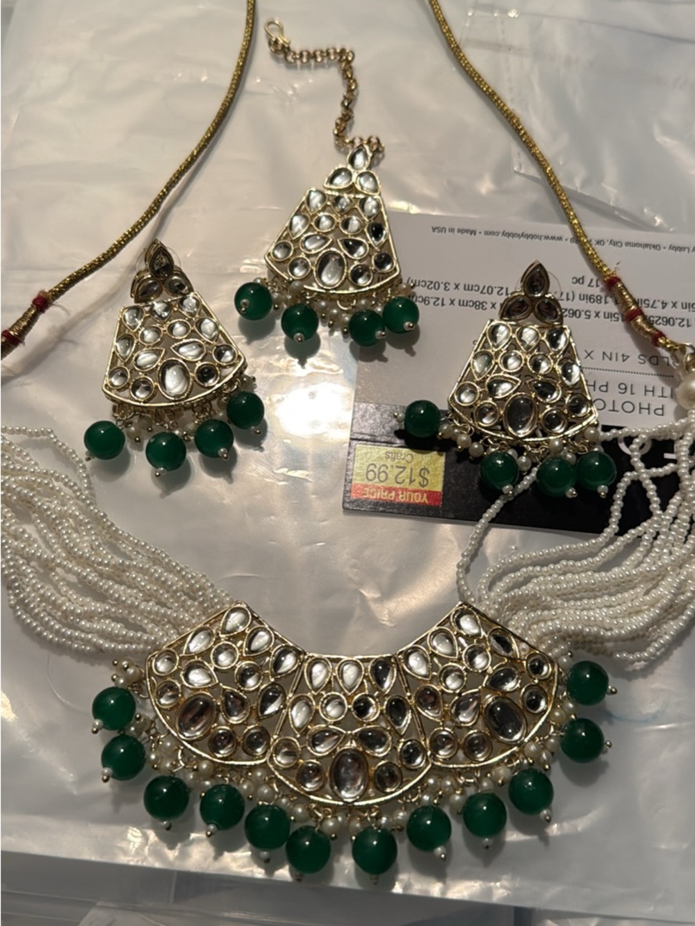 Gold-Tone Kundan Necklace Set with Green Beads - Women Jewelry